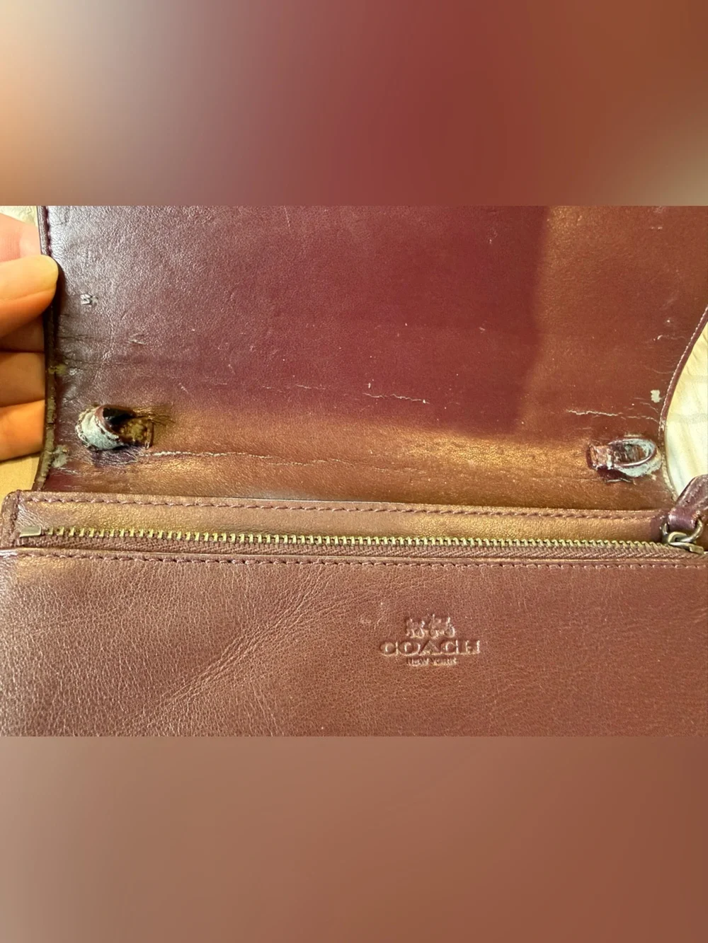 Coach Burgundy Purple Shiny Leather Foldover Wallet Crossbody No Strap